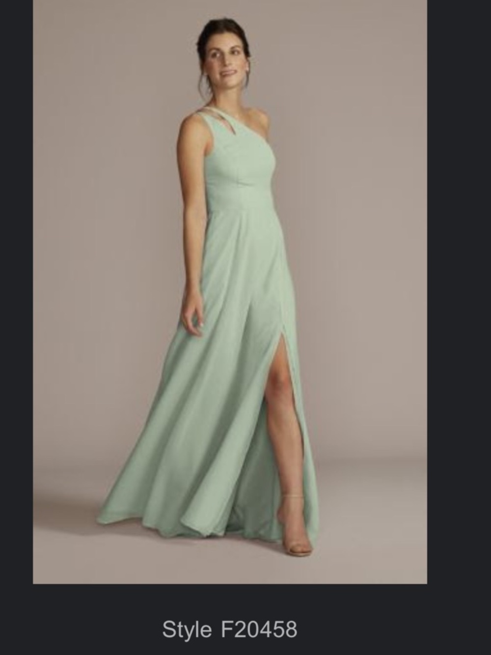David’s Bridal Dusty Sage One-Shoulder Maxi Dress with Front Slit